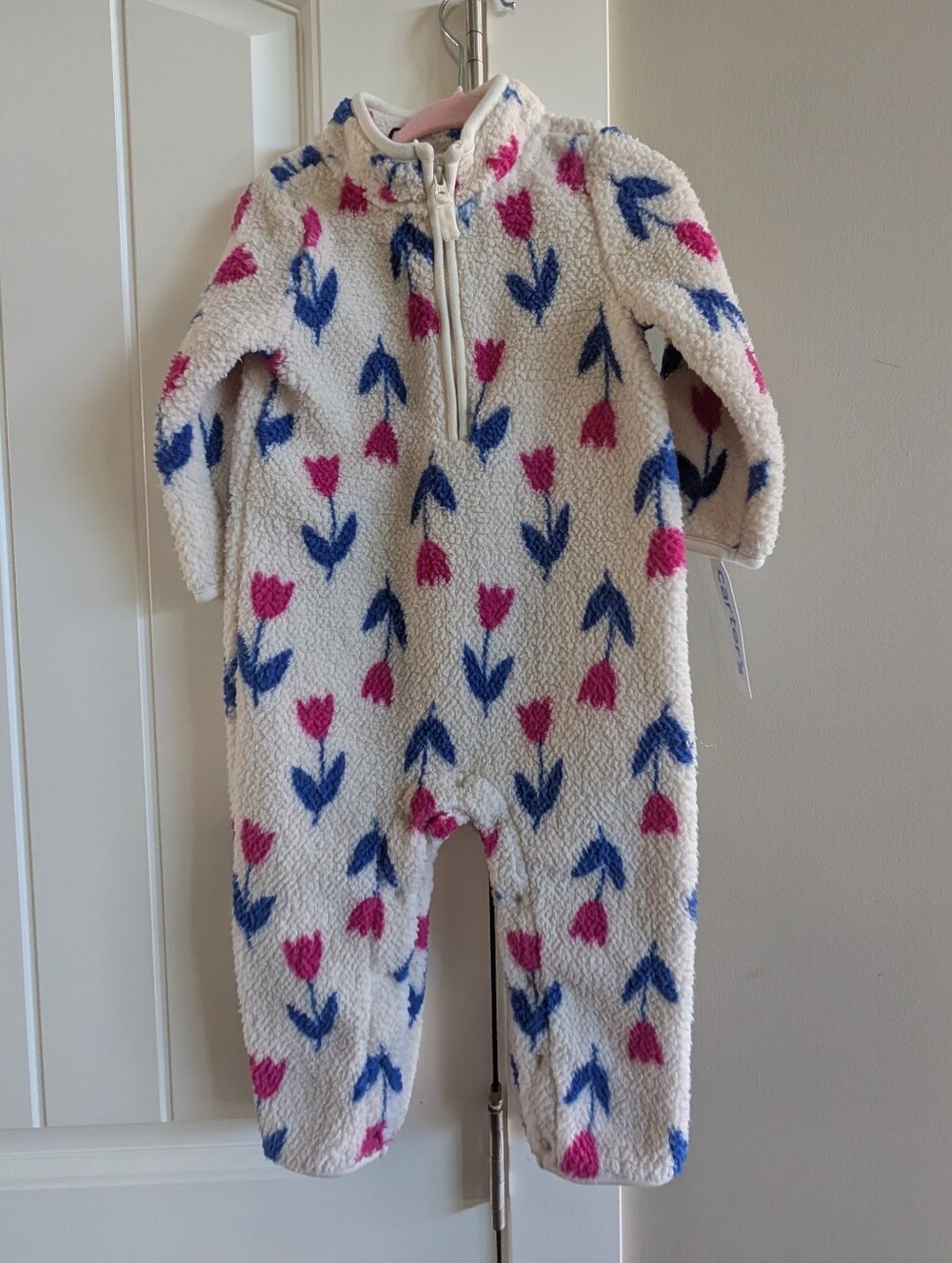 Carter's White Sherpa One-Piece sleeper with Pink & Blue Tulips